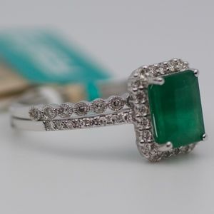 EFFY 14k White Gold Emerald & Diamond Wedding Set